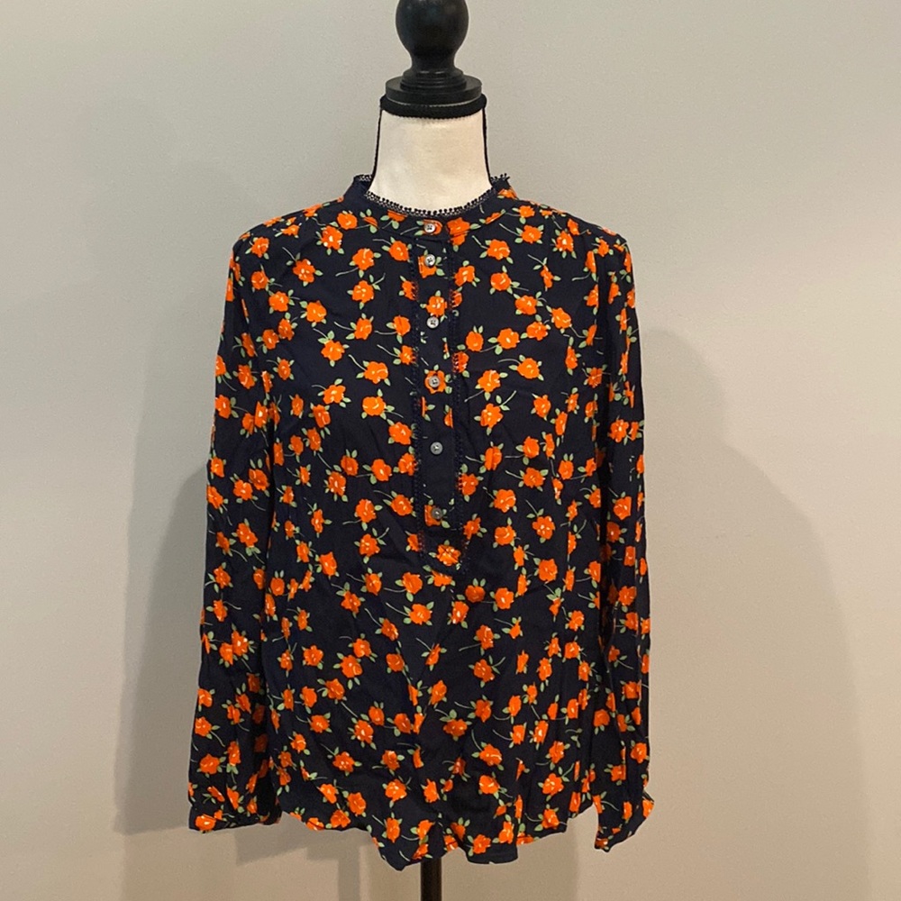 Womens J Crew button front blouse with mandarin collar floral cottagecore ditsy